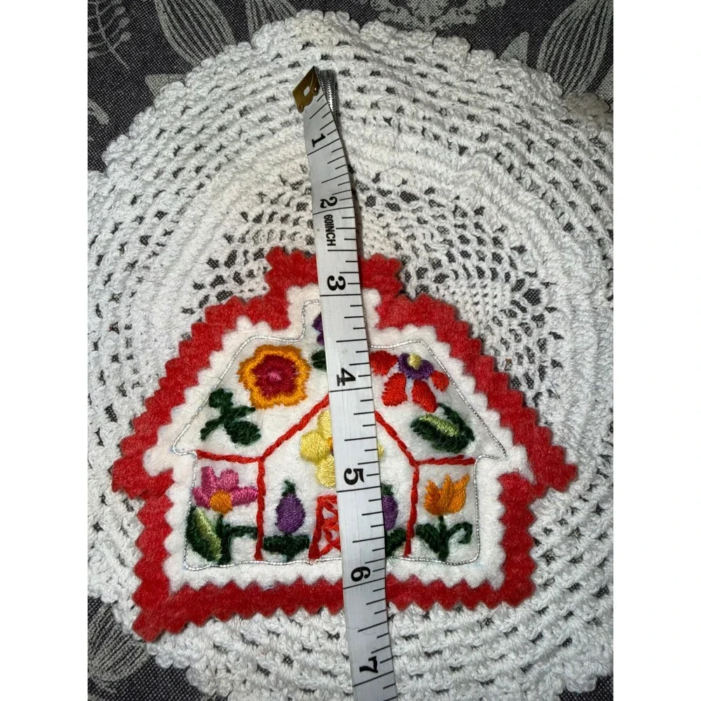 Handmade Embroidered Felt‎ House Ornament Floral Cottagecore Red White Christmas